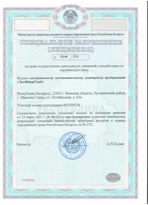 Специальное разрешение (лицензия) №33140/2721 л. 1 стр. 1